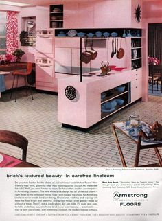 an old advertisement for a kitchen with pink cabinets and appliances in the middle of it