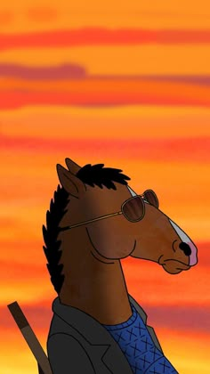 a cartoon horse wearing sunglasses in front of an orange sky