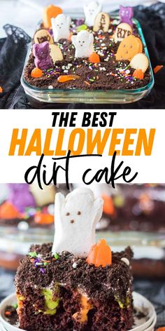 the best halloween dirt cake recipe with chocolate frosting and sprinkles on top