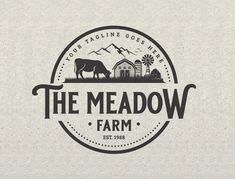 the meadow farm logo with an image of a cow and barn in the background,