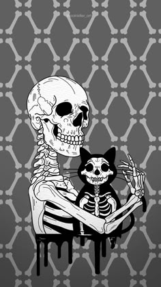 a skeleton sitting on top of a cat next to a black and white wallpaper