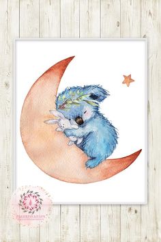 a watercolor painting of a blue bird sitting on the moon with its baby in it's arms