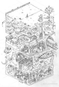 a drawing of a large machine with many different parts in the center and on it's side