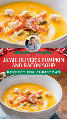 Jamie Oliver's Pumpkin and Bacon Soup – Perfect for Christmas Pumpkin And Bacon Soup, Pepper Biscuits, Mixed Bean Salad, Pumpkin Soup Recipes, Dauphinoise Potatoes, Pumpkin Soup Recipe, Waldorf Salad, Bacon Soup