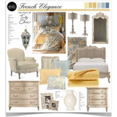 the french elegance bedroom is shown in yellow and gray tones, including an armchair, bed,