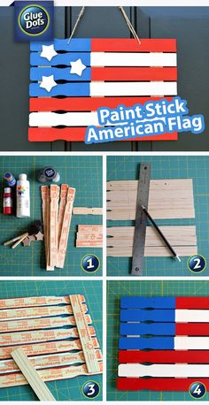 the instructions to make an american flag sign with popsticks and glue on it