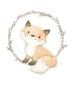 a watercolor painting of a fox sitting in a circle with leaves around it's edges