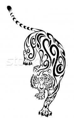 a black and white drawing of a tiger with swirls on it's tail