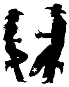 the silhouettes of two people in cowboy hats and boots are talking to each other