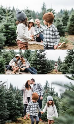 three pictures of people in the woods with trees and one is holding a child's hand