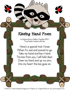 a raccoon holding a sign with the words kissing hand poem written below it