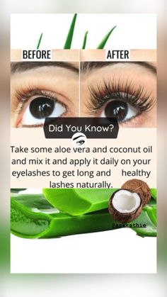 Aloe + Coconut Oil To Grow Longer, Thicker Eyelashes in 2022 How To Grow Eyelashes, Lash Growth, Routine Tips, Homemade Products, Beauty Tips For Glowing Skin