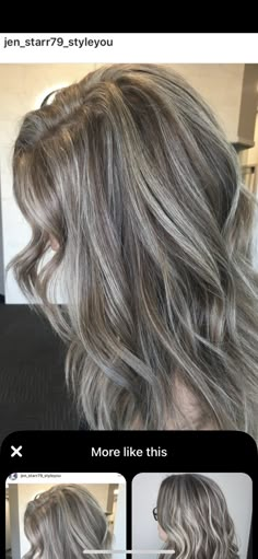 2023 Hair Color Ash Blonde, Gray Hair Brown Lowlights, Blonde With Ashy Brown Lowlights, Gray Hair Highlights Lowlights Ash Brown, Gray Blended Highlights, Babylights Grey Blending, Blending White Hair, Gray Highlights On Blonde Hair, Blonde Highlights On Gray Hair