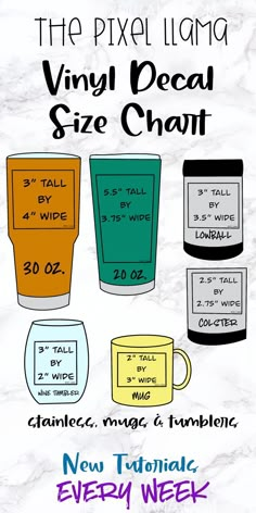 an advertisement for the vinyl decal size chart, featuring coffee cups and mugs