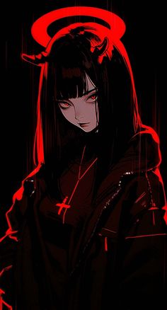 an anime character with black hair and red eyes, standing in front of a dark background