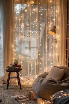 The combination of lights, decorations, and the wooden furniture creates an inviting atmosphere filled with warmth and holiday cheer. Preppy Bedroom With Fairy Lights, Twinkle Light Curtain Bedroom, Bulb Fairy Lights Bedroom, Nursery Fairy Lights, Fairy Lights Window, Belles Bedroom, Light Curtains Bedroom, Fairy Light Bedroom