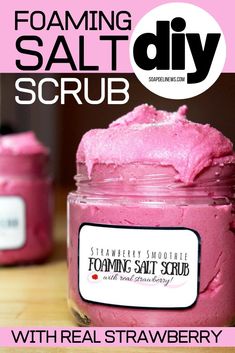 DIY foaming salt scrub recipe. Make this strawberry smoothie foaming salt scrub recipe with real strawberries for glowing skin as part of your spring skin care routine. Formulated to be rich in Vitamin C to fight aging, this DIY beauty recipe is the perfect addition to your natural beauty regimen for soft, beautiful skin. Exfoliate your skin with natural salt and strawberry powder with this easy whipped salt scrub recipe. The best foaming salt scrub recipe for natural skin care this spring. Salt Scrub Diy, Salt Scrub Recipe, Naturally Glowing Skin, Spring Skin, Natural Skincare Recipes, Homemade Beauty Recipes, Bath Scrubs, Natural Anti Aging Skin Care