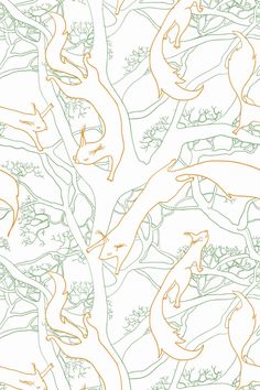 an orange and white drawing of lizards on a tree