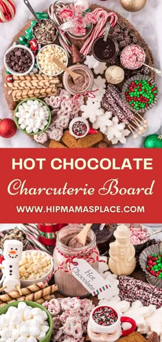 a platter full of hot chocolate and marshmallows with the words hot chocolate charlotte board above it