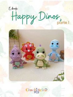 three little crocheted dinosaurs sitting next to each other in front of a flowered background