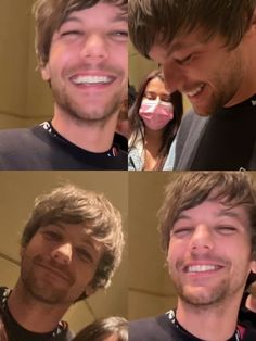 four pictures of two men and one woman smiling at the same time, with different facial expressions