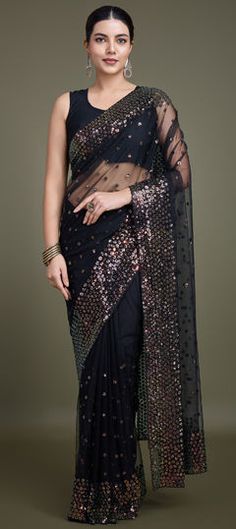 Black and Grey color Saree in Net fabric with Embroidered, Sequence, Thread work Black Embellished Saree For Party Wear, Black Embellished Georgette Saree, Black Sequined Saree For Reception, Traditional Black Embellished Saree, Black Sequined Saree In Traditional Drape, Elegant Black Embroidered Saree Fabric, Black Embellished Party Wear Blouse Piece, Black Embellished Blouse Piece For Party, Black Embellished Blouse For Party