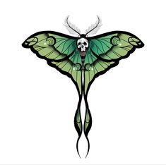 a green butterfly with black wings and a skull on it's back