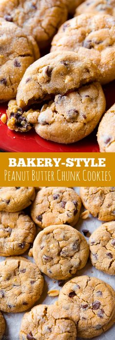 cookies are stacked on top of each other with the words bakery style peanut butter chunk cookies