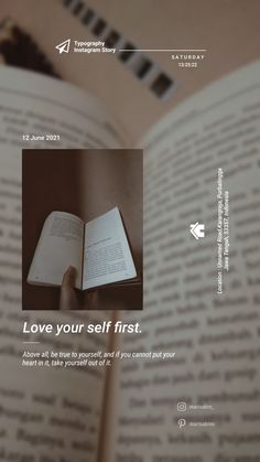 someone is reading a book with the title love your self first above it, there is a hand holding an open book