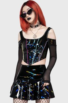 Neon's Ink Stain Skirt | Killstar Killstar Dress, Rainbow Cardigan, Goth Look, Black Rainbow, Iconic Dresses, Ink Stain, Super Cute Dresses, Mesh Sleeves, Shoulder Cut