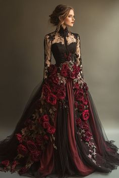 Black Dress Gothic Beautiful, Dark Theme Wedding Dress, Dark Gown Aesthetic, Vampire Princess Dress, Crimson Wedding Dress, Dark Fairy Wedding Dress, Goth White Wedding Dress, Dark Fantasy Wedding Dress, Gothic Fairytale Wedding