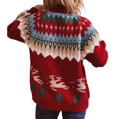 Red Christmas Tree Elk Raglan Sleeve Pullover Sweater Red Christmas Holiday Sweater, Red Long Sleeve Christmas Sweater, Red Nordic Crew Neck Sweater, Classic Red V-neck Sweater For Winter, Red Long Sleeve Christmas T-shirt, Red Christmas Tree, Elk, Winter Sweaters, Red Christmas