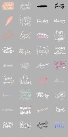 the different font styles for each type of lettering, including one that is pink and white