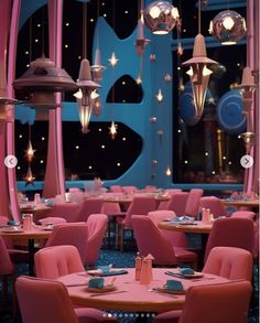 the interior of a restaurant with pink chairs and lights