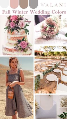 a collage of different wedding colors with flowers and greenery on the top right