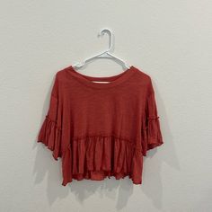 Perfect Condition, Size Large, Never Worn Casual Red Tops For Spring, Casual Red Tops For Day Out, Red Crew Neck Top For Spring, Red Summer T-shirt For Day Out, Red T-shirt For Summer Day Out, Red T-shirt For Day Out, Red Crew Neck Blouse With Relaxed Fit, Red Short Sleeve Shirt For Day Out, Casual Red Shirt For Day Out