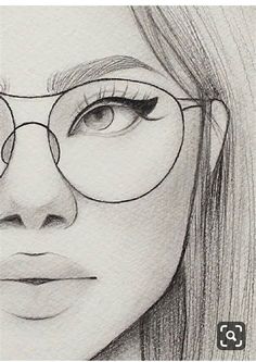 a pencil drawing of a girl with glasses on her face, looking at the camera