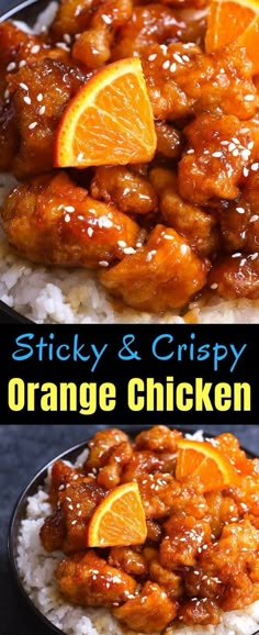 orange chicken with sticky and crispy sauce on rice