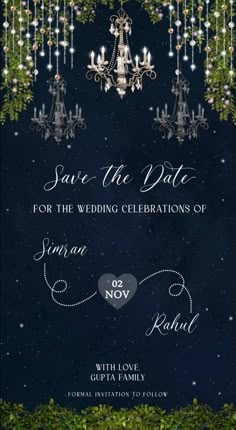 save the date card with chandeliers and greenery