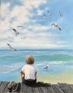 a painting of a boy sitting on a pier looking out at the ocean with seagulls flying overhead