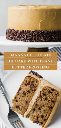 banana chocolate chip cake with peanut butter frosting on a white plate next to a fork