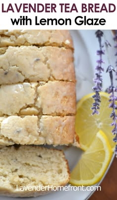 lavender tea bread with lemon glaze on a plate