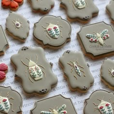 decorated cookies with bugs and flowers on them