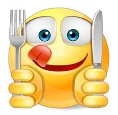 an emoticive smiley face holding a fork and knife with its tongue sticking out