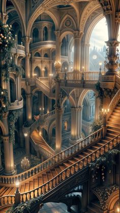 an artistic rendering of a staircase in a building with lots of windows and lights on it