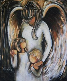 a painting of an angel holding a baby in her arms and the child's head