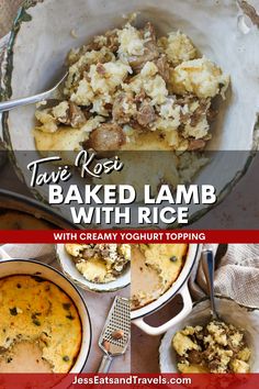 baked lamb with creamy yogurt topping in a casserole dish