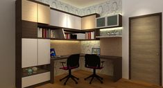 a computer desk with two chairs in front of it and shelves above the desk that have books on them