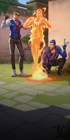 two men standing next to each other in front of a fire