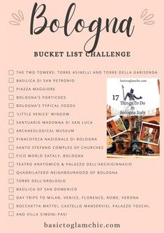 the bologna bucket list is shown in pink with black and white lettering on it